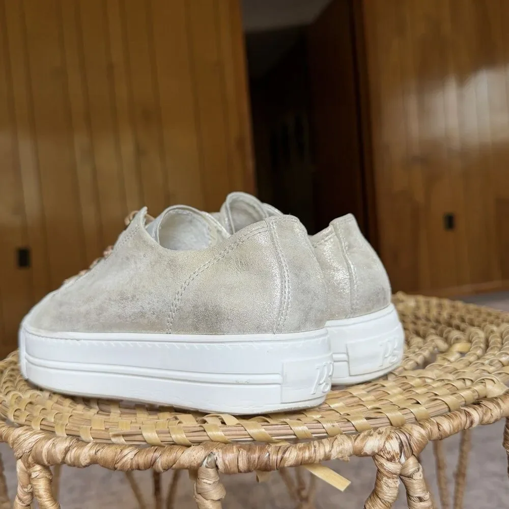 $420 Paul Green Hadley Platform Sneaker Leather Metallic Gold Beige UK 5.5 US 8